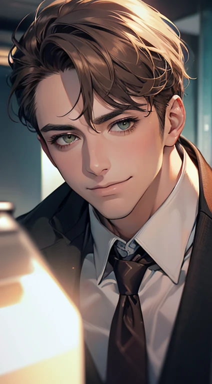 (Highest quality,4K,8K,High resolution,masterpiece:1.2),Super detailed,(Realistic,photoRealistic,photo-Realistic:1.37),1 person,34 years old,Mature Men,Beautiful skin、very handsome,Expressionless smile in love,Short gray brown hair,green eyes,Sharp Eyes,A perfect face without a doubt,Businessman, CEO, Office Background,Cinema Lighting,HDR image,tie、