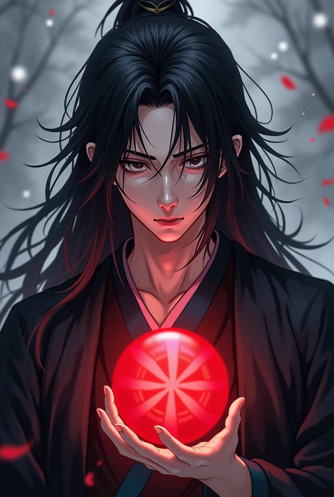 black haired, cold looking man, black eyes, long hair, majestic features, wearing a kimono, holding a glowing red ball of energy in his hand, novel cover.