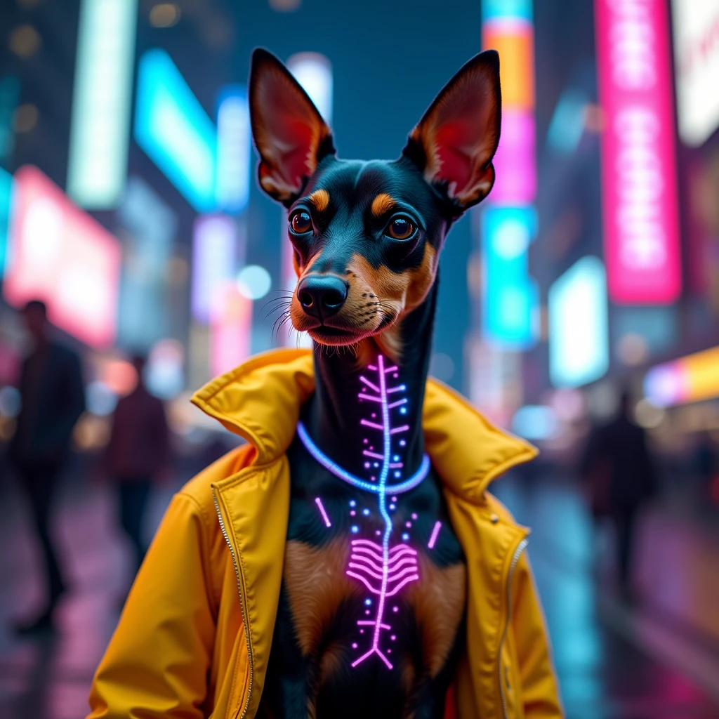 Portrait of a small pinscher dog wearing an open yellow jacket by David Martinez from Cyberpunk 2077 with a cyberpunk theme.