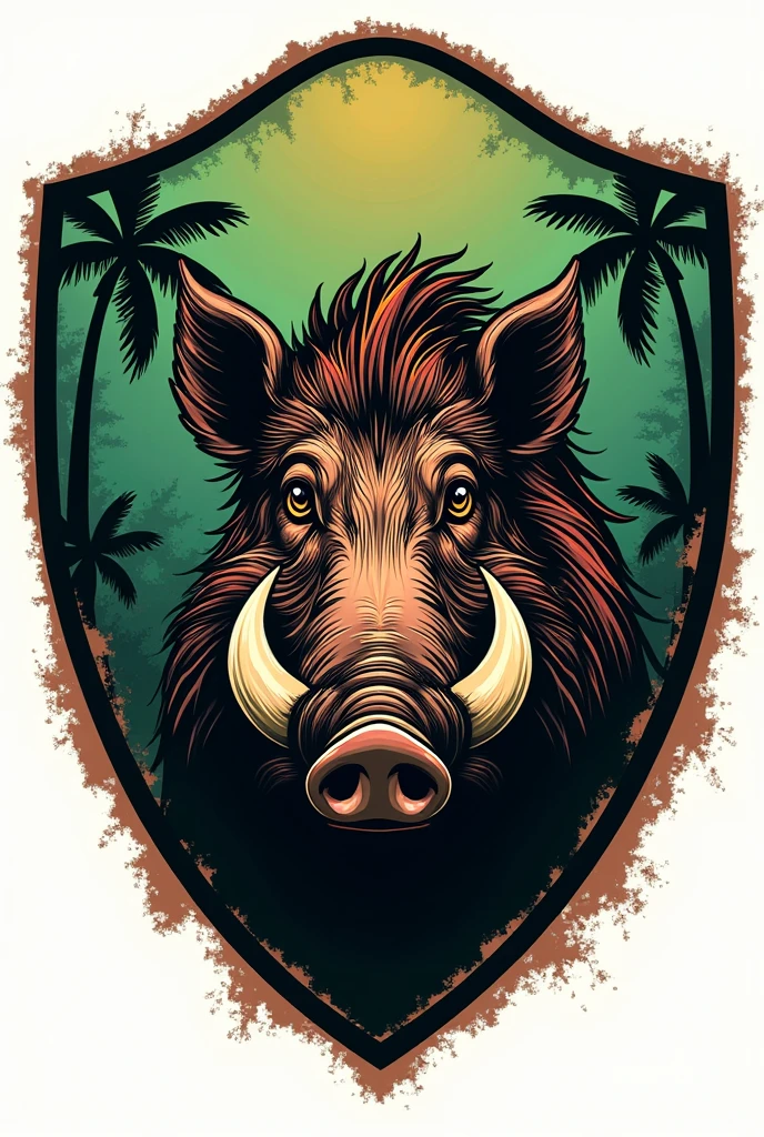 Logo with the name ESCUDERIA PORCINOS UDES featuring an aggressive wild boar and a shield behind it in the background. The background color should be green with a palm tree theme.  