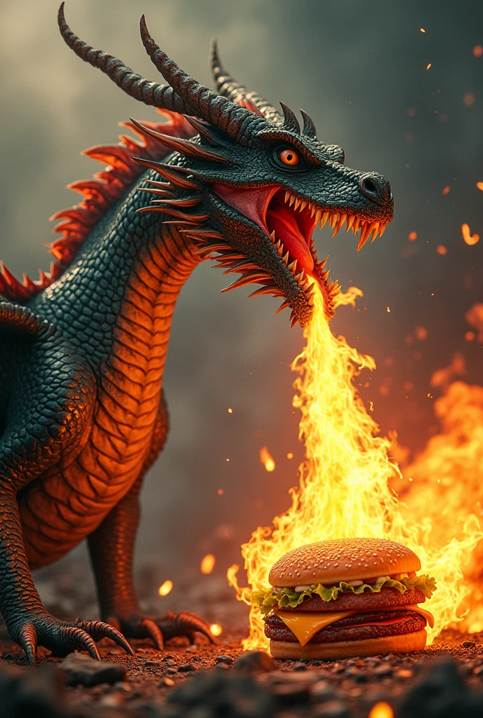 I need a dragon (estilo house of the dragon) with its mouth open that looks real, I need him to be spitting a huge jet of flames coming out of his mouth. The plane is burning in a McDonald's style sandwich