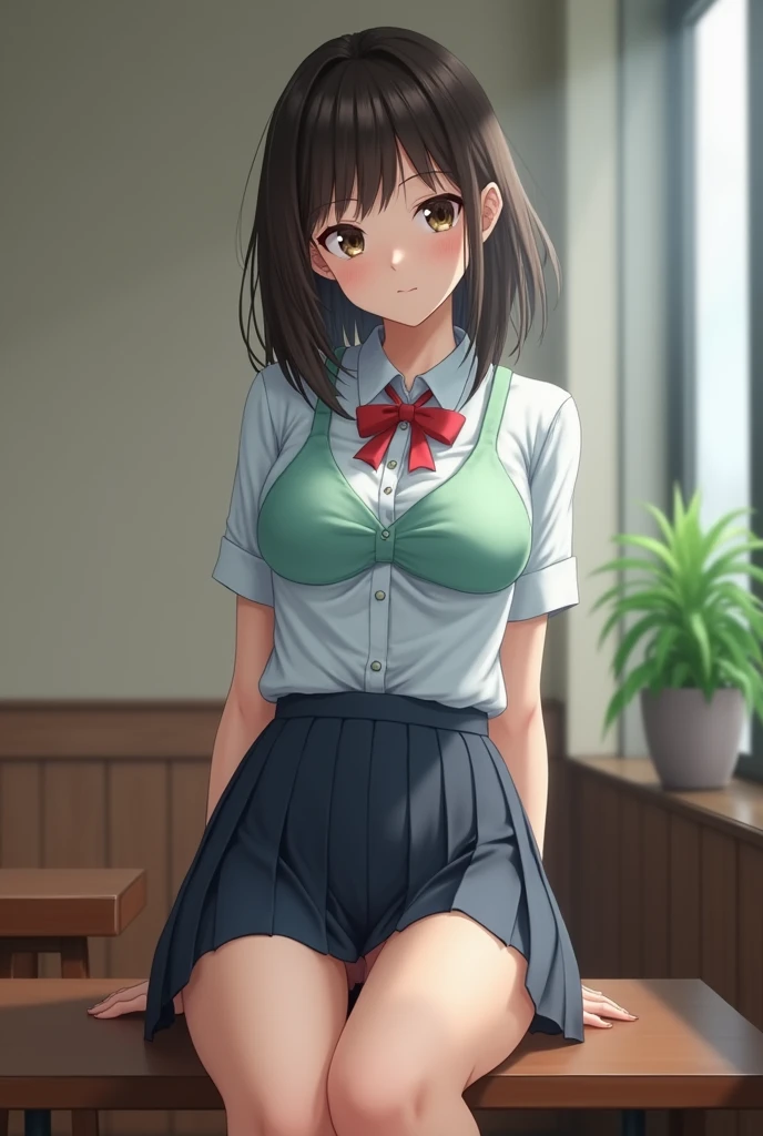 High resolution、High resolution、in 8K、RAWphotographgraphy、Highest quality、masterpiece、Tabletop、erotic、student、Light green Bra,White skin,knees,(Skin-colored pantyhose),Detailed Panty Pattern、Panty Focus、Pink Panties、absurdes,Small face、Big Breasts、Part the front hair from the middle、The forehead is visible,(Cold look<Squinting my eyes,Glare,strong,Light anger)、masterpiece,Highest quality、超High resolution,RAWphotograph,only,Beautiful poop,one person, one personで,Dark look,Small breasts,whole body、very nice、ＪＫ ,high school girl,Japanese women,Are standing,（Realistic：1.37）、Photon Mapping,Light blue ribbon,Realistic、Cute Face,Brown eye、Black socks、22 years old、(Red bow tie)、Radio City、Physics-based only dulling、prospect、Written boundary depth、Blurred Background、photograph,girl、body,Beautiful legs, Long legs, Thin legs,Long Bob Cut,(I can see the front hair), hair, lips, green_eye, Nose Soft,(Light blue shirt), (Navy Pleated Skirt), I can see the knees,See-through clothing,, thigh, black cotton socks,Nogizaka Idol, , Japanese Ido、Sparkling eyes、Glossy lips、