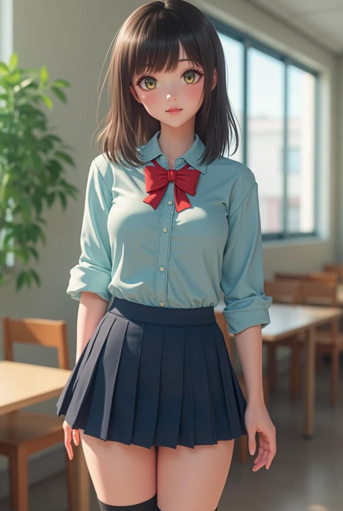 High resolution、High resolution、in 8K、RAWphotographgraphy、Highest quality、masterpiece、Tabletop、erotic、student、Light green Bra,White skin,knees,(Skin-colored pantyhose),Detailed Panty Pattern、Panty Focus、Pink Panties、absurdes,Small face、Big Breasts、Part the front hair from the middle、The forehead is visible,(Cold look<Squinting my eyes,Glare,strong,Light anger)、masterpiece,Highest quality、超High resolution,RAWphotograph,only,Beautiful poop,one person, one personで,Dark look,Small breasts,whole body、very nice、JK ,high school girl,Japanese women,Are standing,(Realistic:1.37)、Photon Mapping,Light blue ribbon,Realistic、Cute Face,Brown eye、Black socks、22 years old、(Red bow tie)、Radio City、Physics-based only dulling、prospect、Written boundary depth、Blurred Background、photograph,girl、body,Beautiful legs, Long legs, Thin legs,Long Bob Cut,(I can see the front hair), hair, lips, green_eye, Nose Soft,(Light blue shirt), (Navy Pleated Skirt), I can see the knees,See-through clothing,, thigh, black cotton socks,Nogizaka Idol, , Japanese Ido、Sparkling eyes、Glossy lips、