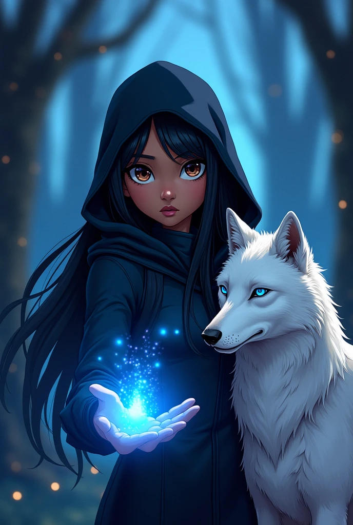 A 15 year old African American black girl with long black hair. She has brown eyes. She wears a black uniform with a black hood. She holds one hand out and the palm of her hand is glowing a hue of blue with a blue and black aura surrounding it as one of her eyes glows blue. She also has a white wolf with blue eyes. MAKE THIS IN ANIME STYLE DRAWING.