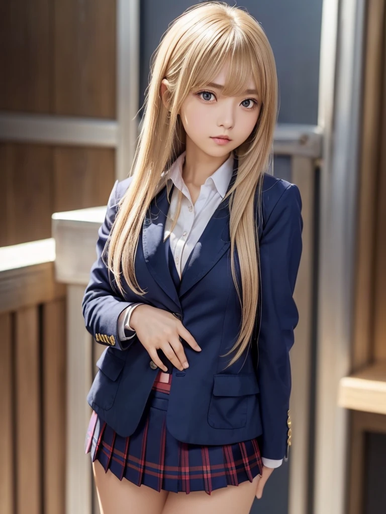 8k, highest quality, 船の上に立つ、The real picture, Intricate details, Very detailed, Ultra-high resolution,(Realistic,Realistic:1.2) , (Full Body Shot) , From the middle , 1 girl, eye_Chan, Very beautiful 17 year old girl, innocent big eyes,、Beautiful breasts:1.5、Highly detailed eye:1.2)、(Beautiful breasts:1.1)、((blonde Hair))、(long hair), Asymmetrical bangs, Perfect Skin, Fair skin, Small breasts, Tight waist, alone,, (Embarrassed), ((Fold your arms in front of your chest and act arrogantly）, ((Perfect hand shape)), (Wears a navy blue school blazer uniform:1.3), (Long Bob Hair:1.3),, (The wind is blowing、A navy blue and pink checked miniskirt flips up)、