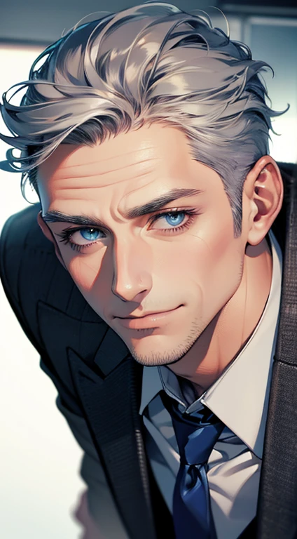 (best quality,4k,8k,highres,masterpiece:1.2),ultra-detailed,(realistic,photorealistic,photo-realistic:1.37),1 man,31 years old,mature man,very handsome,without expression,smile,short grey blue hair,blue eyes,penetrating gaze,perfect face without errors,imposing posture,businessman,office background,cinematic lighting,hdr image