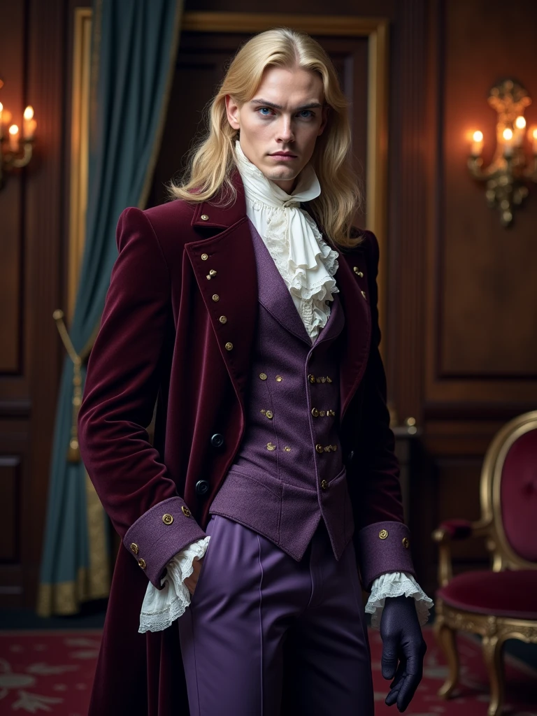 Pale and tall man, Appears to be 30-35 years old. It's been a long time (to the waist) With light blond hair with a golden tint, Thin gray-blue eyes with dark purple eyeshadow and noticeably high cheekbones. His clothes are in Victorian style, old, Long dark burgundy jacket with lavender lining and gold pins on the folded cuffs. Under his jacket he has a purple vest over a white ruffled shirt, Wearing classic purple trousers, In dark blue knee-high boots and gloves of the same color.
