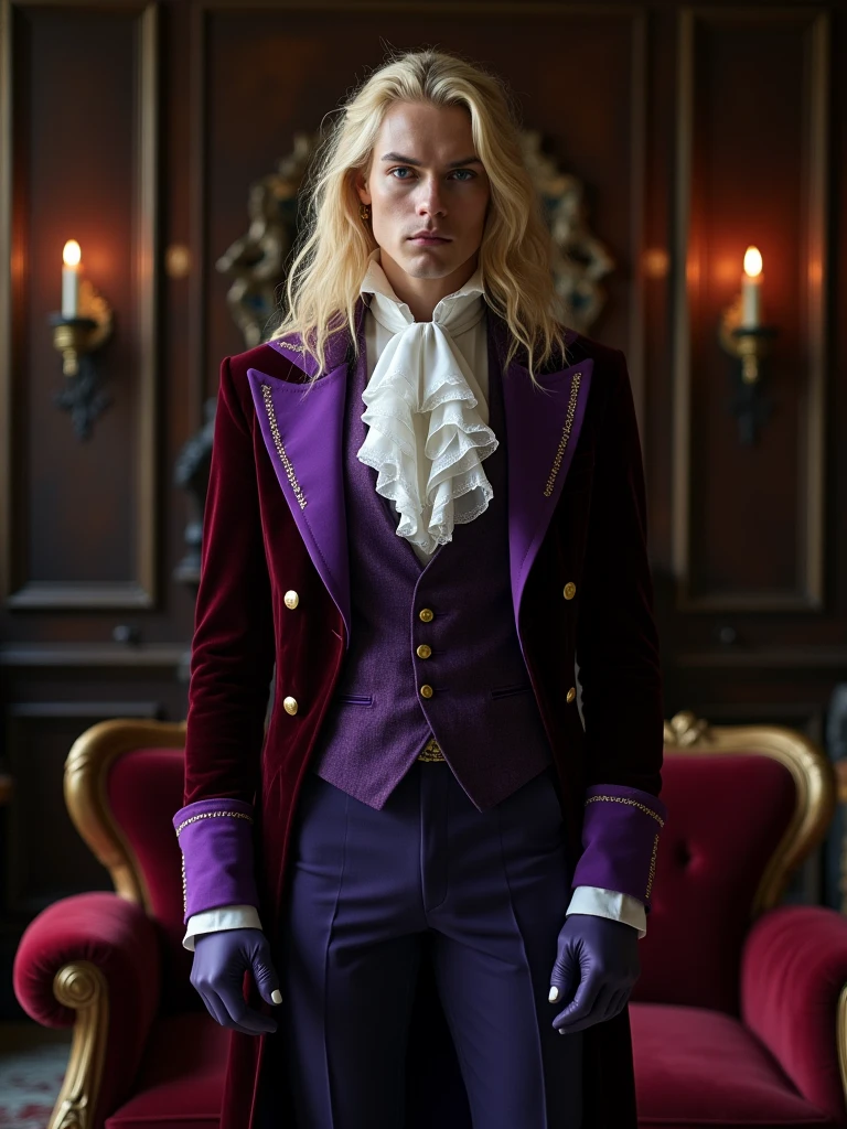 Pale and tall man, Appears to be 30-35 years old. It's been a long time (to the waist) With light blond hair with a golden tint, Thin gray-blue eyes with dark purple eyeshadow and noticeably high cheekbones. His clothes are in Victorian style, old, Long dark burgundy jacket with lavender lining and gold pins on the folded cuffs. Under his jacket he has a purple vest over a white ruffled shirt, Wearing classic purple trousers, In dark blue knee-high boots and gloves of the same color.