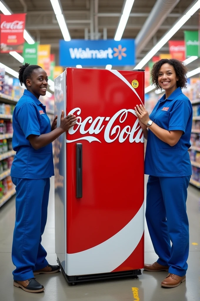 Three Walmart employees are vinyl wrapping a refrigerator with Coca-Cola advertising.