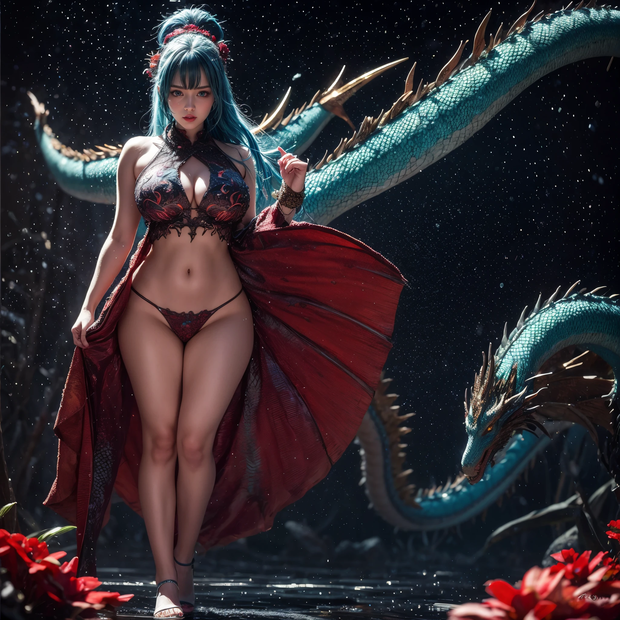 (Full Body of Extremely Detailed Dragon girl) with (Sparkling Red eyes)  Blight Blue hair in a high ponytail, liquid hair, flowers, (Huge dragon head) in background, 8K TopQuality UltraDetailed Masterpiece of Professional Photo, HDR ultra-fine painting, LifeLike rendering, extreme detail description, professional, Bright colors, bokeh, (Exposed Hourglass Body Shape)