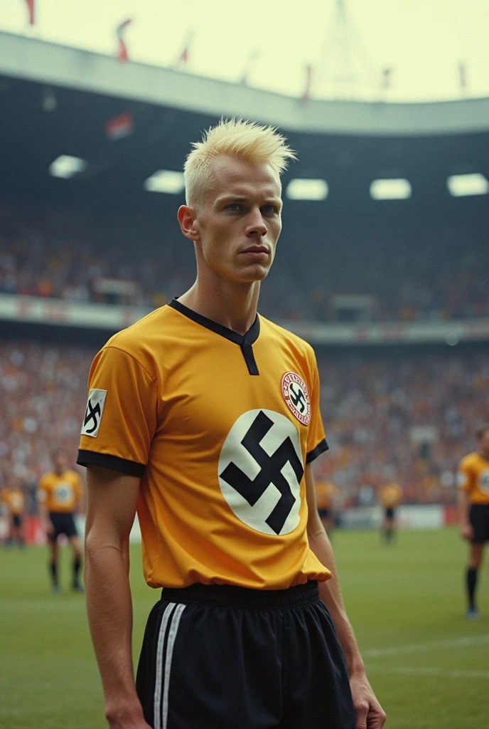 Blond, blue-eyed Bayern Munich player (albino) He played soccer in the 1960s, he is from the Nazi regime and plays with a swastika uniform.