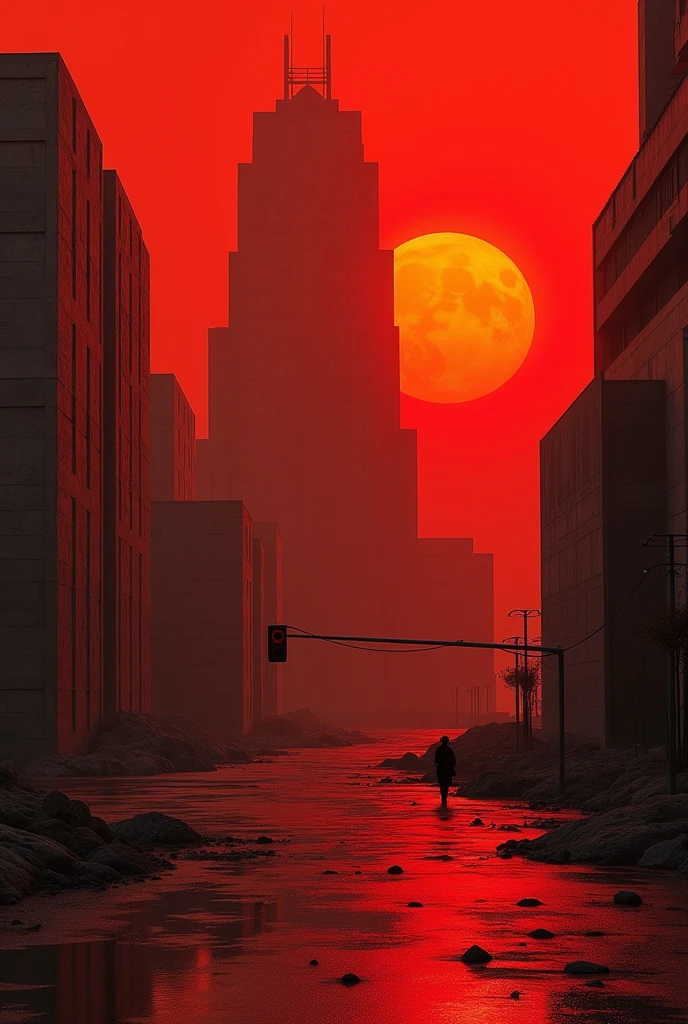 generate an art deco image of a brutalist building scene inspired by HR Giger and hyperrealistic, large red canvases, photographic quality, realistic image , sunset lighting, surrealism and large red canvases or tapestries, Something sad.