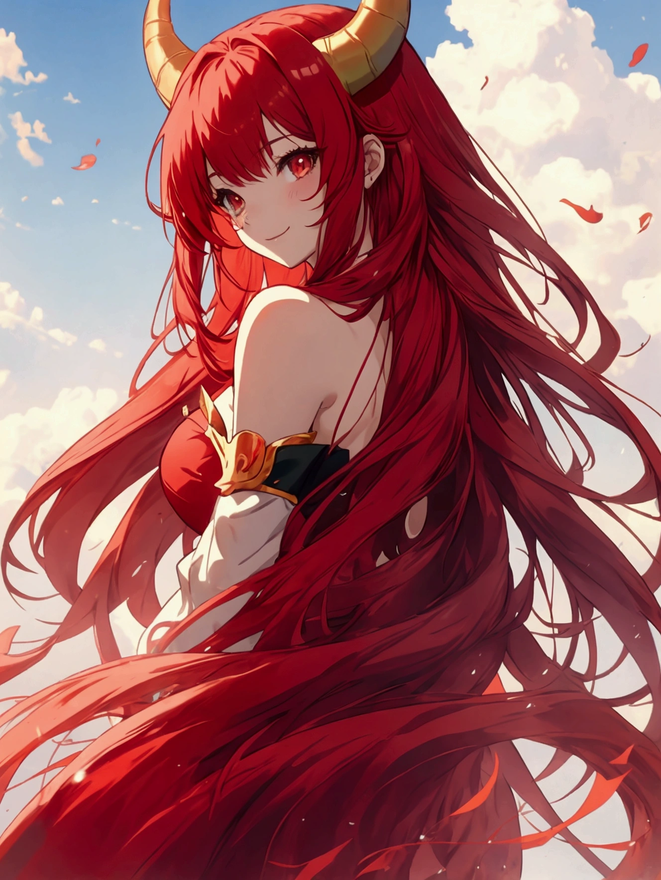 Anime Dragon girl. Red hair. Dragon horns and tail. standing on the hill. Soft smile. Red dragon.