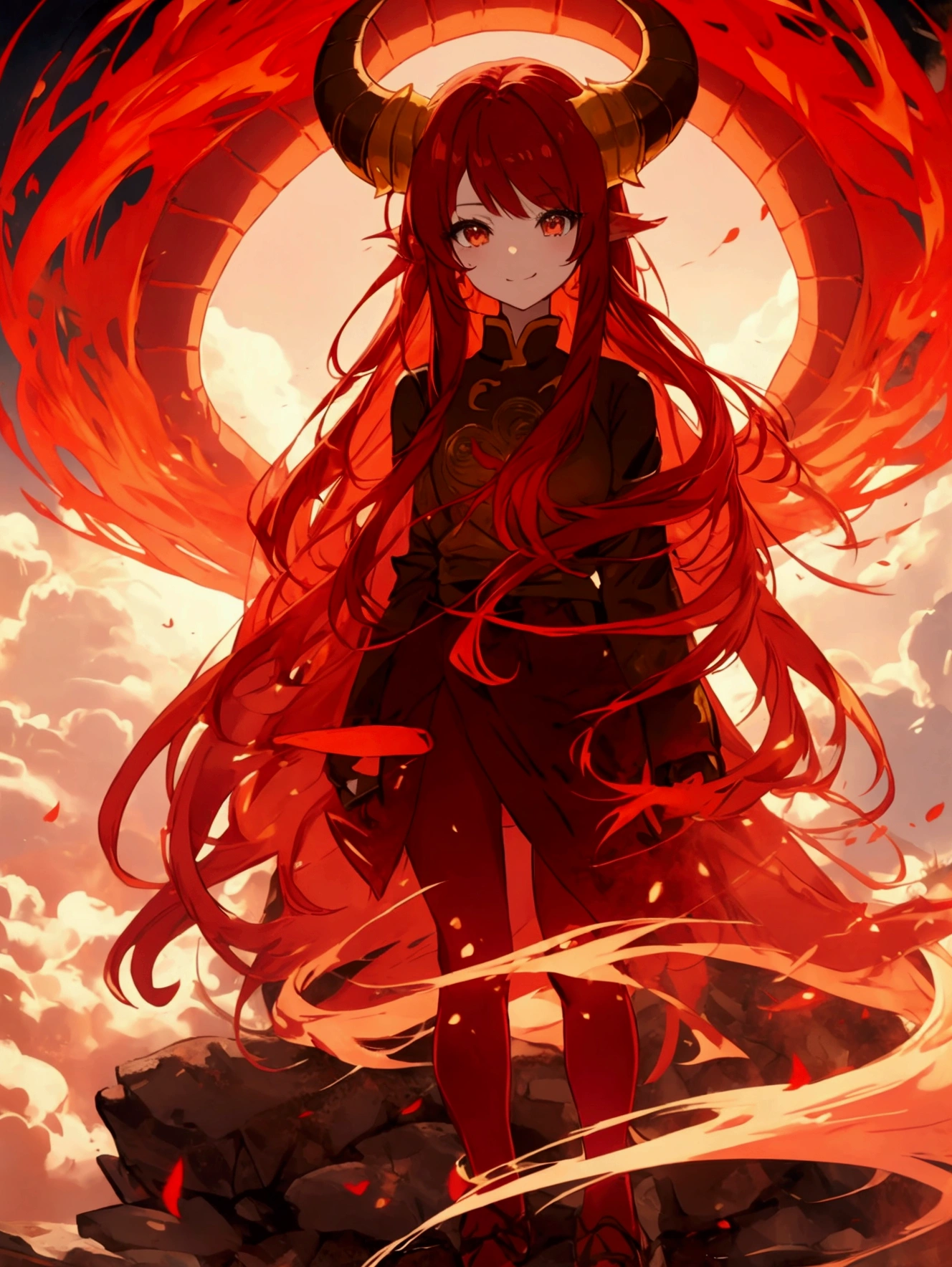 Anime Dragon girl. Red hair. Dragon horns and tail. standing on the hill. Soft smile. Red dragon.