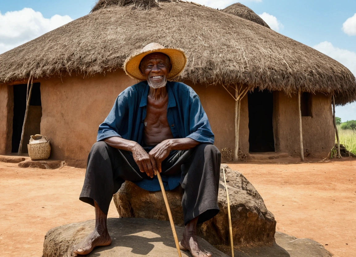 African landscape, typical native houses, 8k reality, a black man, 70 years old, He is sitting on a rock, He has a cane in his right hand, straw hat, smiling face,