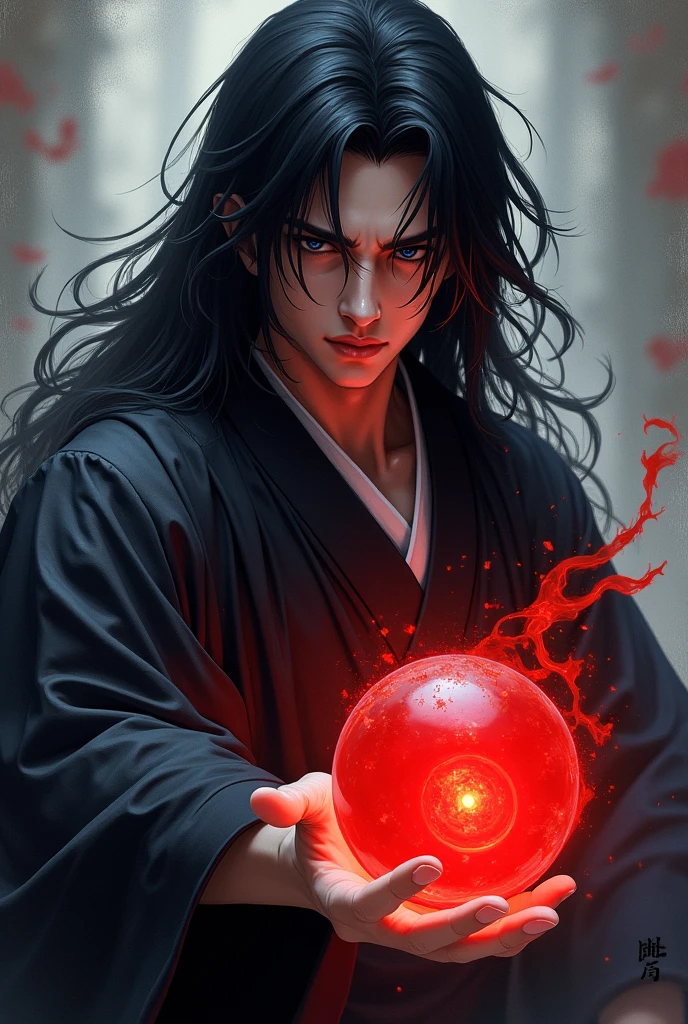 black haired, cold looking man, black eyes, long hair, majestic features, wearing a kimono, holding a glowing red ball of energy in his hand, novel cover.