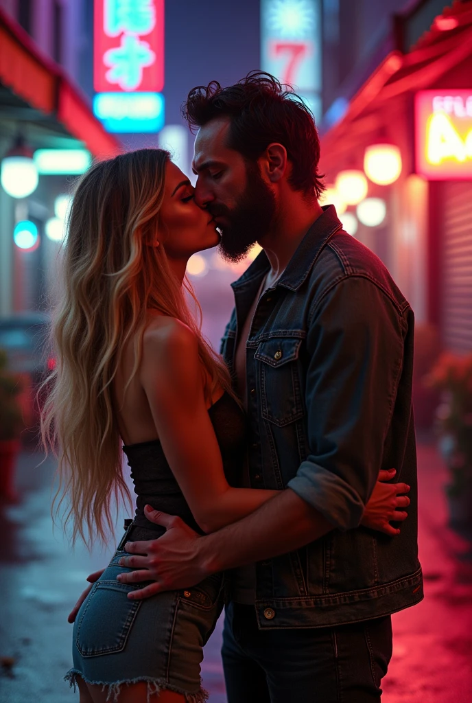 80's night on the Street a Man and a woman Kisses and wear rocker outfit, street lights and on the background few woman see this