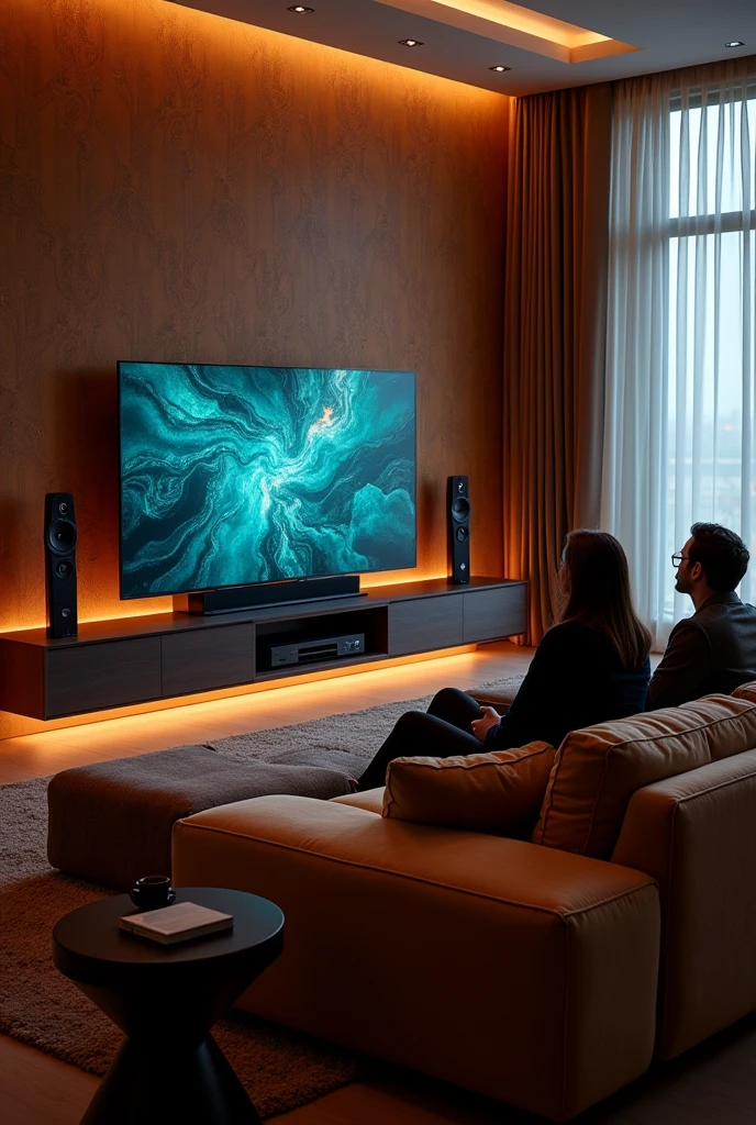 A living room with luxurious sofas and a large screen television, two people watching, TV stand with speakers and speaker system, black oled background, Personal room background, 8k vertical screen wallpaper, 8k vertical screen wallpaper, 4k vertical fabric wallpaper, 4k vertical fabric wallpaper, 8k high quality and resolution, background art, 4k – height 1920 – width 1080