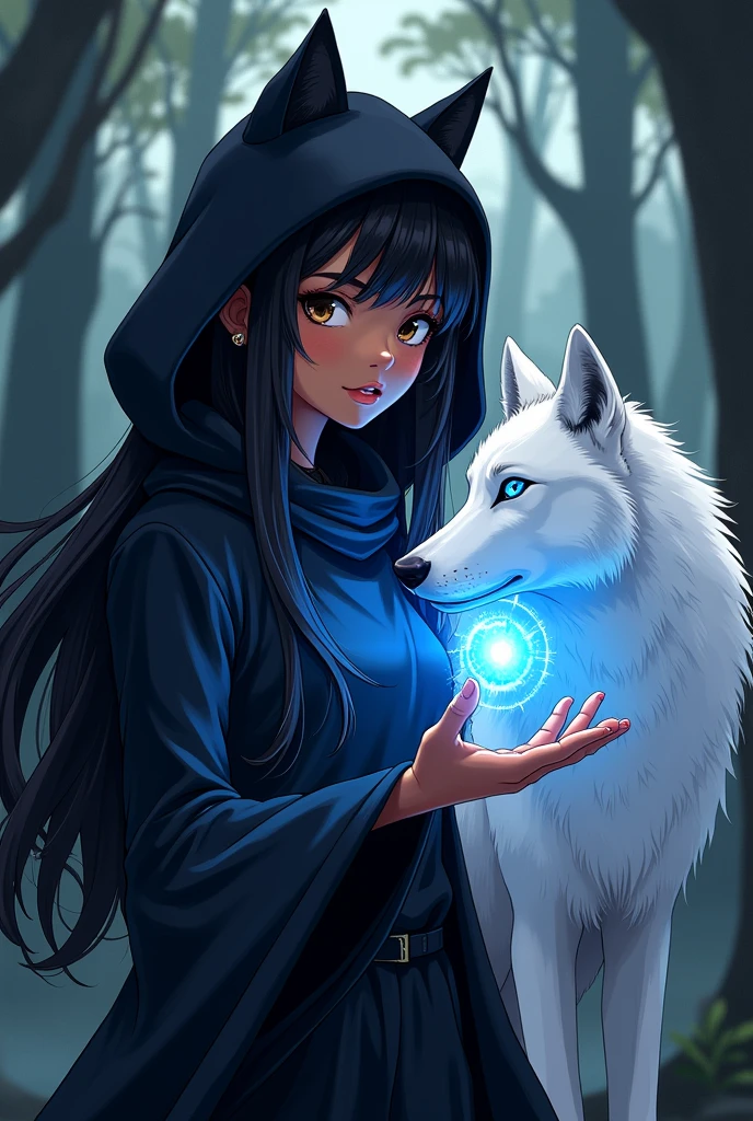 A 15 year old African American black girl with long black hair. She has brown eyes. She wears a black uniform with a black hood. She holds one hand out and the palm of her hand is glowing a hue of blue with a blue and black aura surrounding it as one of her eyes glows blue. She also has a white wolf with blue eyes. MAKE THIS IN ANIME STYLE DRAWING.