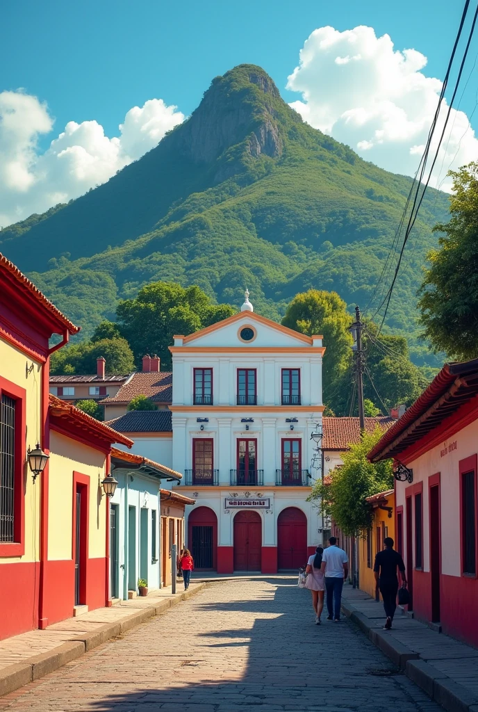 You can create an image where the facade of school 63 located in the city of Minas appears, Lavalleja, uruguay,with the Verdun hill in the background and a representation of the neighborhood where it is located