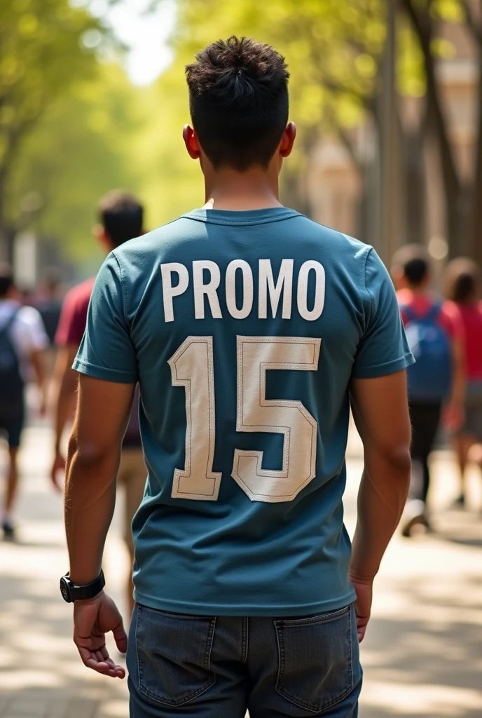 Shirt that says PROMO 15 on the back and Universitarias in small letters on the top.

