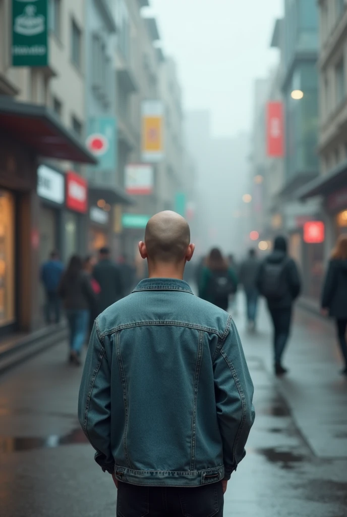 bald student on the cloudy street with his back to the street