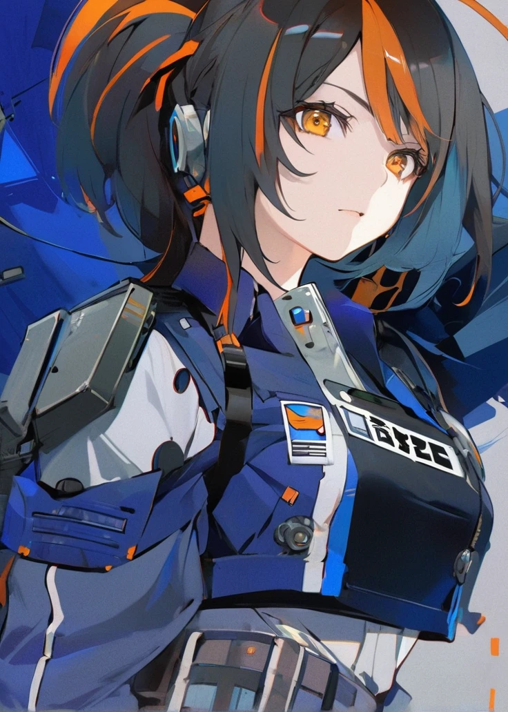 {Anime character with medium-length dark hair, accented with bright orange streaks, tied back in a ponytail:0.9}, {She has sharp, determined eyes with a vibrant, glowing orange-yellow color, and an intense, focused expression on her face:0.8}, [She’s wearing futuristic police armor, marked with the logo “N.E.P.S. New Erid Public Security” and “PUBSEC,” blending modern military and sci-fi aesthetics. The armor is primarily blue with metallic accents, featuring protective shoulder pads and high-tech equipment on her belt:0.7], {The background is a mix of abstract and industrial elements, emphasizing a deep blue color palette with hints of mechanical and technological details:0.8}, {The overall art style is a fusion of dynamic brushwork and digital painting, capturing a gritty yet polished look, conveying a strong sense of authority and determination:0.9}.