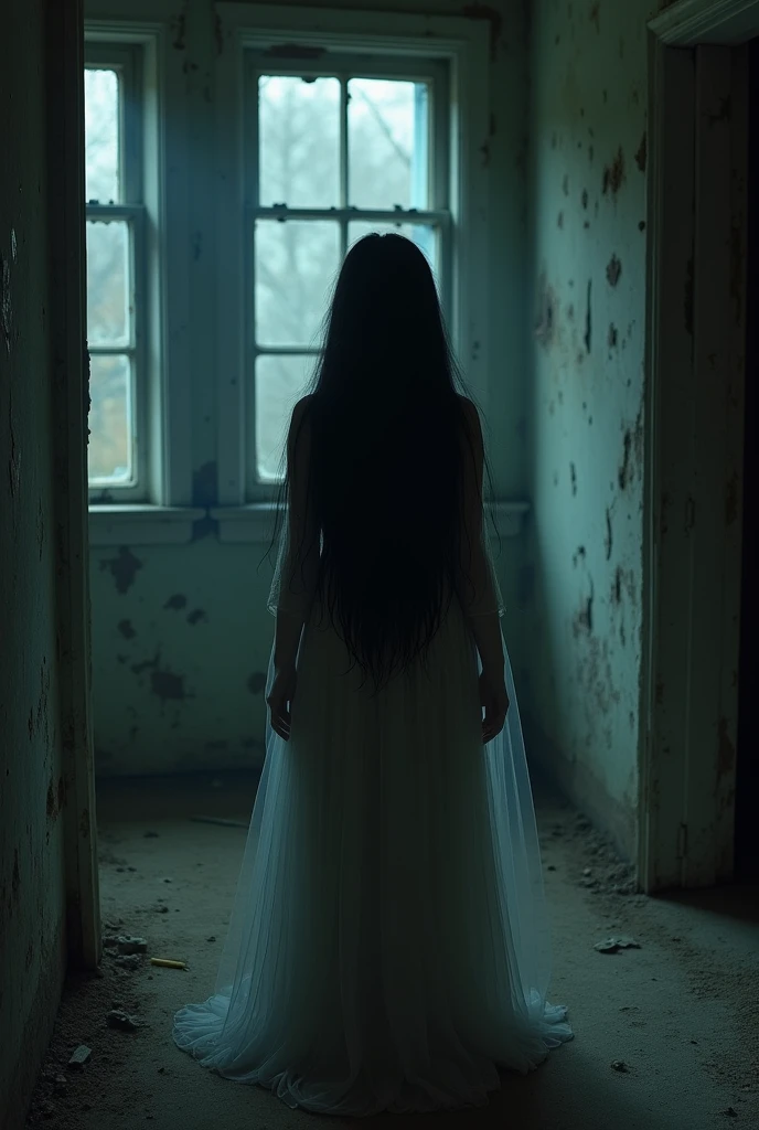 creepy girl with black eyes long hair and white