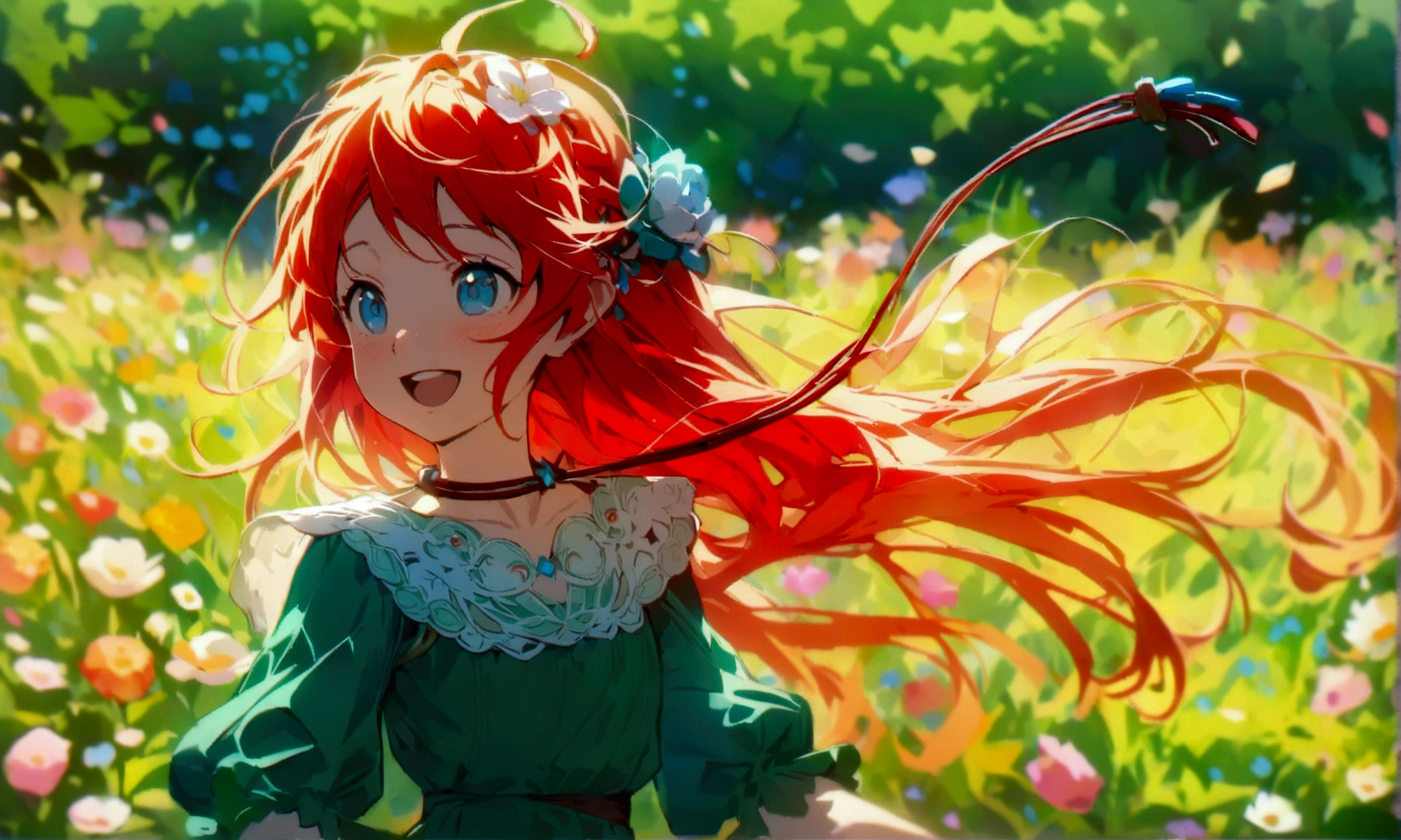 Small girl, long red hair, blue eyes, green dress, full body, skipping rope, happy expression, field of flowers, ((Intricate anime character design inspired by Ousama Ranking)), ((Stunning lighting)), (( Fine lines)), ((Stunning focus)), ((Stunning face)), ((Detailed focus)), ((Detailed background)), ((Ultra-thin 2D design)), ((Creativity-filled background)), ((2D Masterpiece)), ((Best Quality)), ((8K)), ((Anime Style))