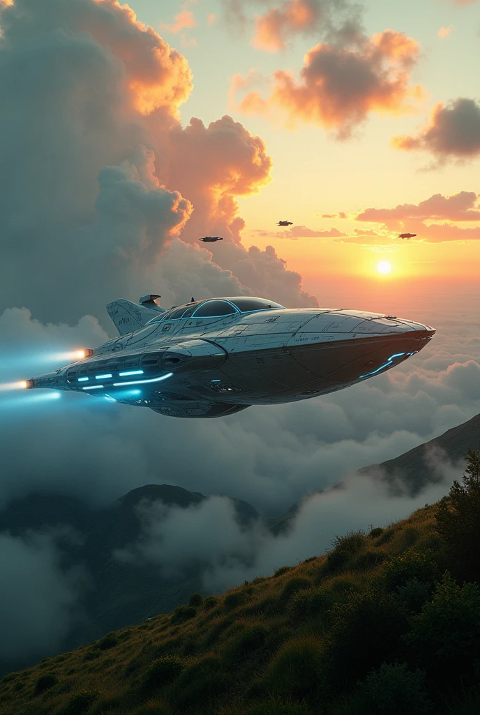 a highly detailed futuristic spacecraft hovering over the Basque Country with unidentified flying objects, cinematic lighting, vibrant colors, volumetric fog, dynamic composition, photorealistic, 8k, best quality, masterpiece