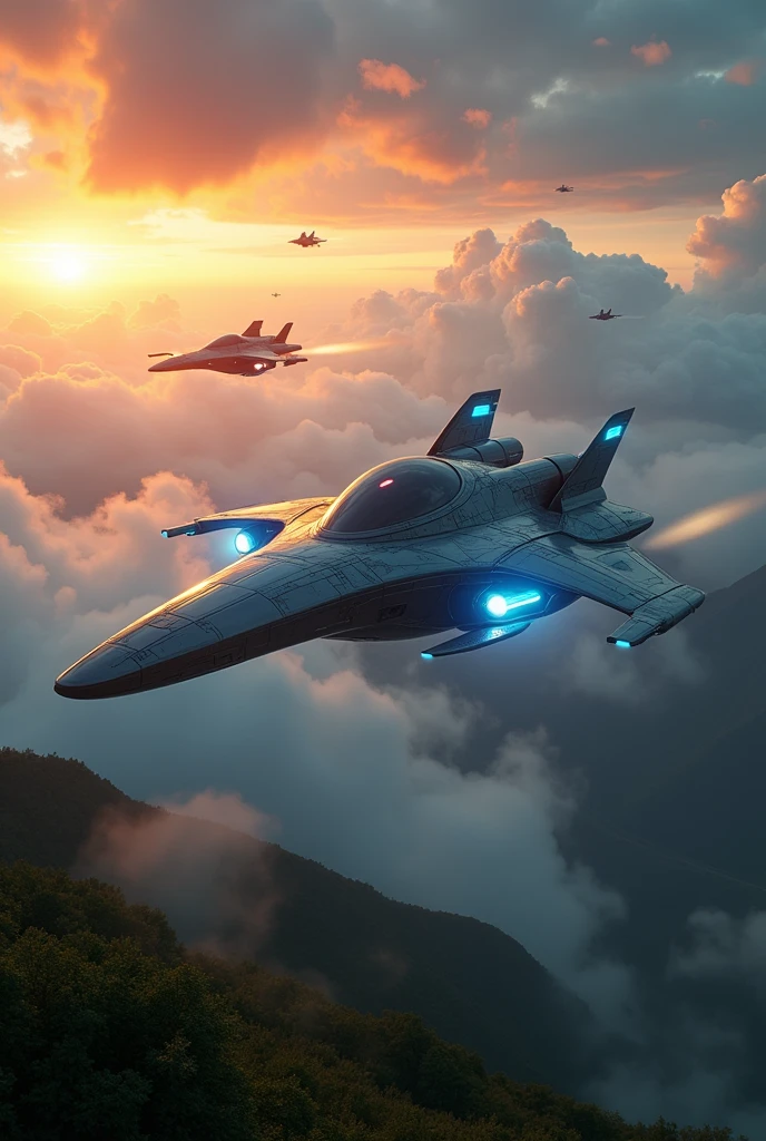 a highly detailed futuristic spacecraft hovering over the Basque Country with unidentified flying objects, cinematic lighting, vibrant colors, volumetric fog, dynamic composition, photorealistic, 8k, best quality, masterpiece