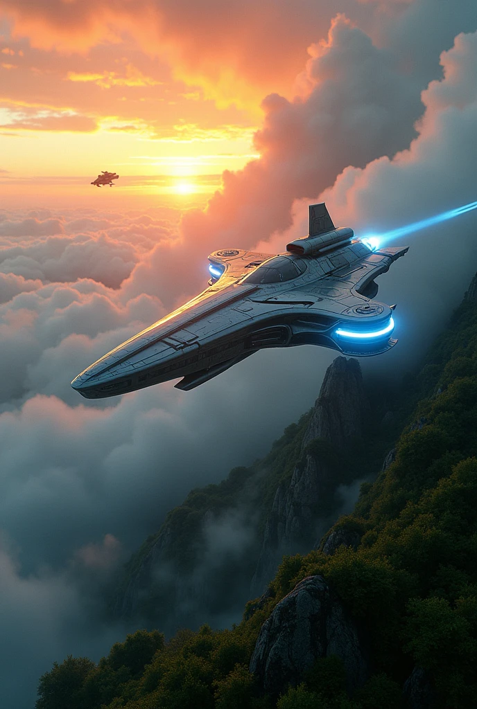a highly detailed futuristic spacecraft hovering over the Basque Country with unidentified flying objects, cinematic lighting, vibrant colors, volumetric fog, dynamic composition, photorealistic, 8k, best quality, masterpiece