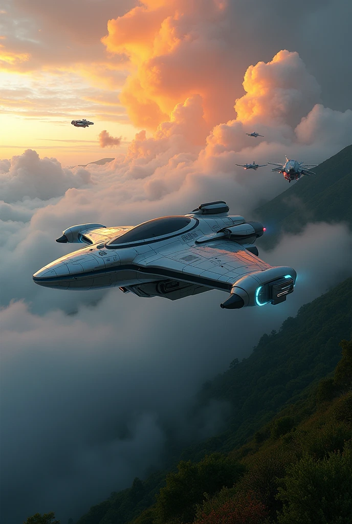 a highly detailed futuristic spacecraft hovering over the Basque Country with unidentified flying objects, cinematic lighting, vibrant colors, volumetric fog, dynamic composition, photorealistic, 8k, best quality, masterpiece