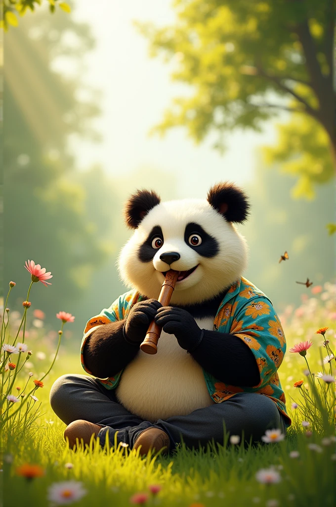 A chubby jovial man with very distinct panda-like features playing a recorder.