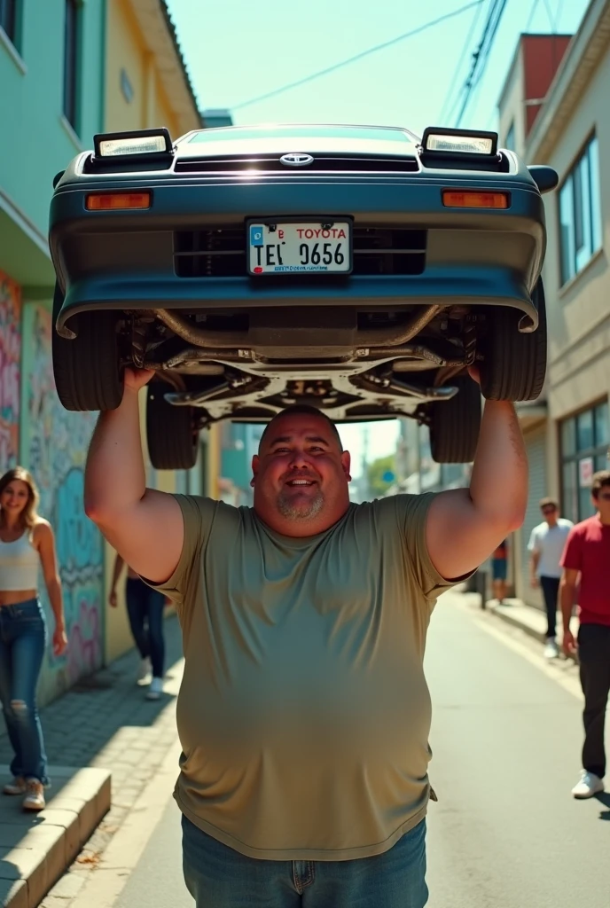 Overweight man carrying a Toyota Trueno AE86