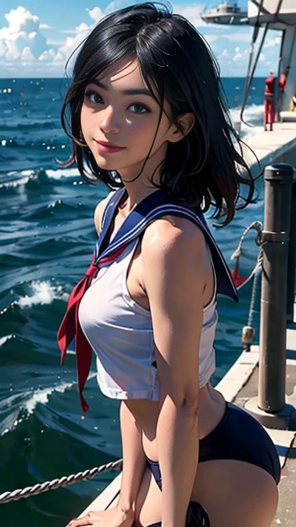 {{artwork, Best Quality, Extremely detailed CG, unity wallpaper 8k, cinematic lighting, }}, Sony α7, wide frame, South Pacific, during the war with the Asian powers, wind blowing on the Aegis ship, 1 girl, whole body, smile, She is a sailor in the United States Navy.., Caucasian, 20 years, smile, by rubio, Bob Curto, blue eyes , long eyelashes ,