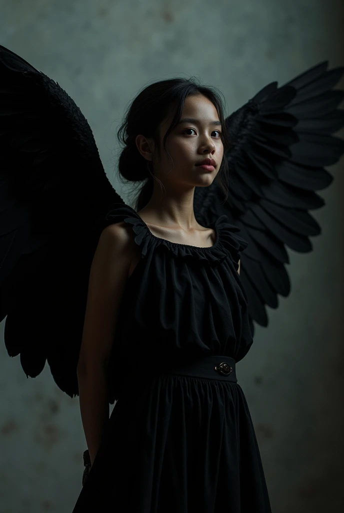 a young black-winged angel smiling, full body, beautiful detailed eyes, beautiful detailed lips, extremely detailed face and body, detailed feathered black wings, angelic, ethereal, dramatic lighting, cinematic, chiaroscuro, dramatic shadows, moody, dark, melancholic, (best quality,4k,8k,highres,masterpiece:1.2),ultra-detailed,(realistic,photorealistic,photo-realistic:1.37)