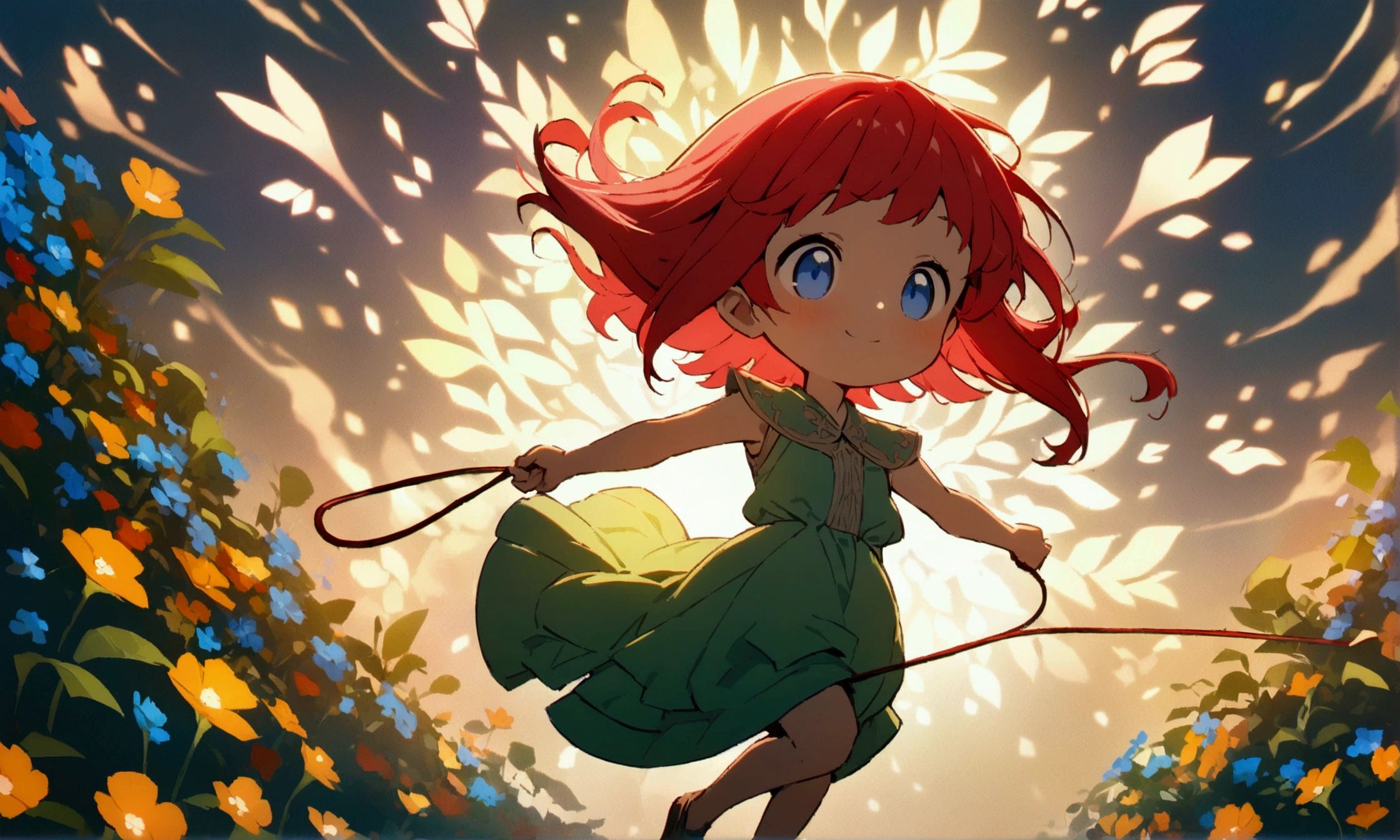  girl, long red hair, blue eyes, green dress, full body, skipping rope, happy expression, field of flowers, ((Intricate anime character design inspired by Ousama Ranking)), ((Stunning lighting)), (( Fine lines)), ((Stunning focus)), ((Stunning face)), ((Detailed focus)), ((Detailed background)), ((Ultra-thin 2D design)), ((Creativity-filled background)), ((2D Masterpiece)), ((Best Quality)), ((8K)), ((Anime Style))