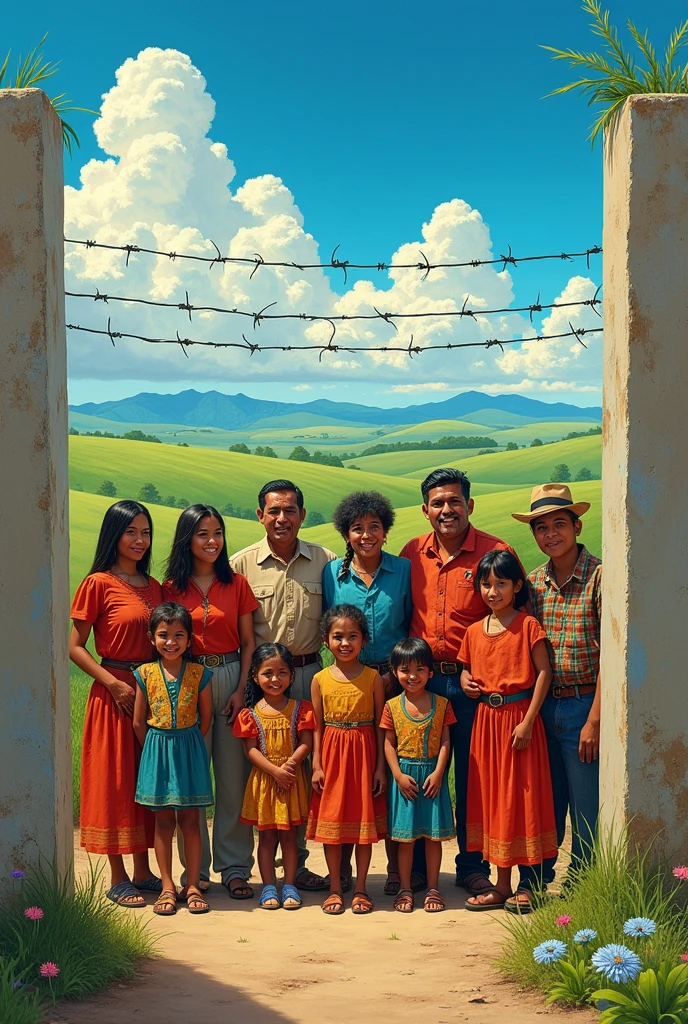 Create an image of 10 people where there is a large family., of Sikuani ethnicity and mestizos among men, in prison, boys and girls and young people. in a beautiful field of the llano landscape. in art, I don't want a realistic image