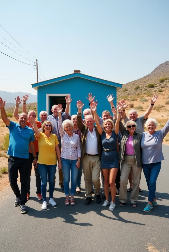 15 people, men and women aged 40 to 70, raising their hands, with different styles of clothing but without skirts, They are located on a street and in the background there is only one house., and the rest land, People must be of different builds, that is to say, thin, athletic, that they are fat.
The floor should be asphalt with light cracks, the house of block and roof of slab, color blue