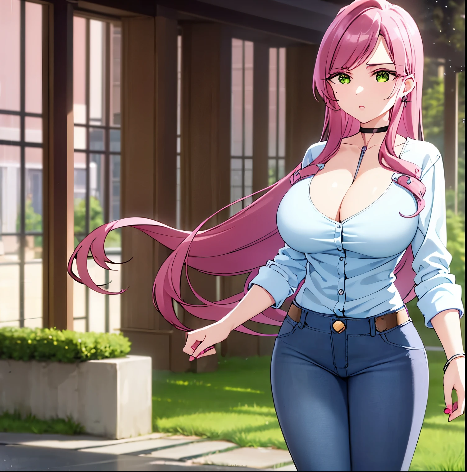 ((1girl)), ((alone)), Hahari Hanazono, (masterpiece), (best quality), (ultra detailed), (best illustration), (best shadow), (absurdities), sharp focus, cowboy shot , atmospheric perspective, depth of field, dynamic posture looking at the viewer, large breasts, narrow waist, wide hips, wide thighs, round butt, erotic, romantic, (very detailed eyes, lips 1.1), very detailed eyes, eyes, very face detailed, Very beautiful face, Symmetrical face, Aesthetic face, perfect face, perfect eyes, detailed eyelashes: 1.5), full height, beautiful slender figure, femininity, expressive appearance, elastic big breasts, sexuality, (green eyes: 1.2), hair pink, flower, hair flower, jewelry, breasts, solo, cleavage, ring, (tight pants), long hair, bracelet, choker, ((denim jeans:1.5)), (false nails), (pink nails:1.3 ), shirt, (earrings: 1.3), v, denim, (black shirt: 1.4), belt, leaning forward, nail polish, beaded bracelet, beads, black choker, curves, defined body, Perfect and beautiful body, perfect and beautiful, closed mouth, neutral expression, serious face, blush, (sexy pose: 1.2), ((alone)), standing: 1.3,((outdoor, light reflection, urban landscape, streets, city, night, rainy landscape, city lights, night)), looking ahead, ((focus on hips)), point of view: (from Middle), perfect anatomy, perfect hands