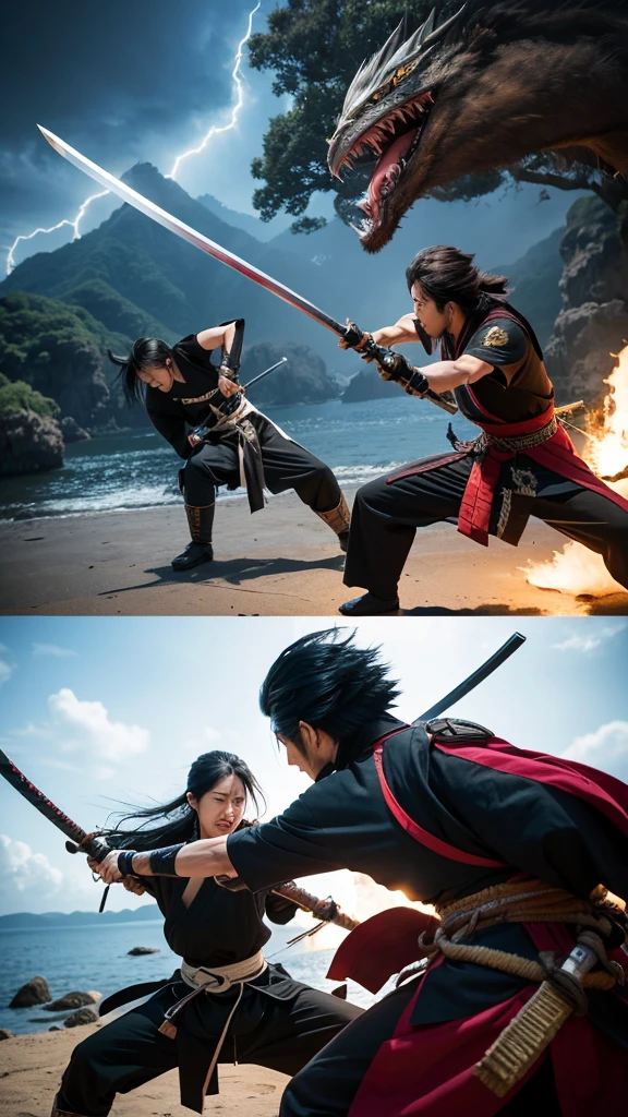 Miyamoto Musashi and Sa々Kojiro Ki is dueling on Ganryu Island。Immersive and fierce battles。The thunder roars、Both are fighting with swords drawn.。Deadly Combat