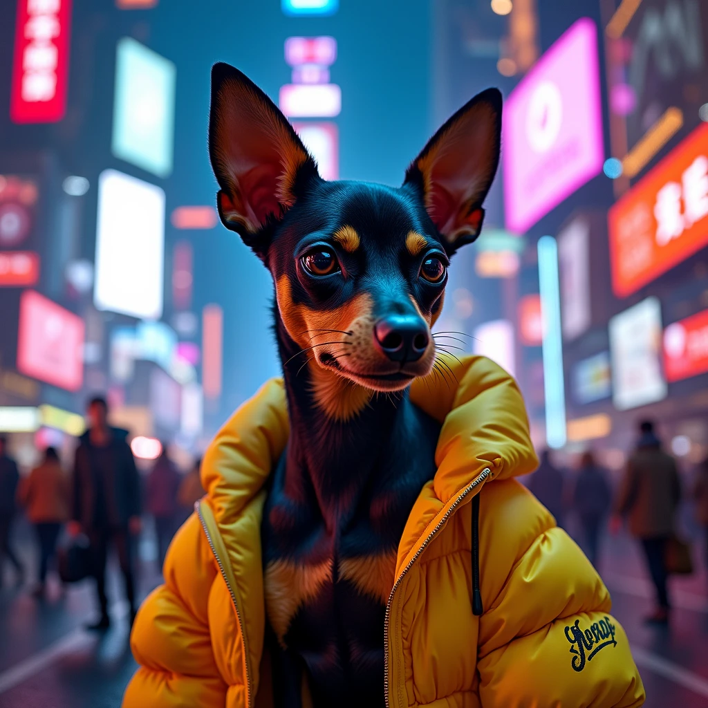 Portrait of a small pinscher dog wearing an open yellow jacket by David Martinez from Cyberpunk 2077 with a cyberpunk theme.