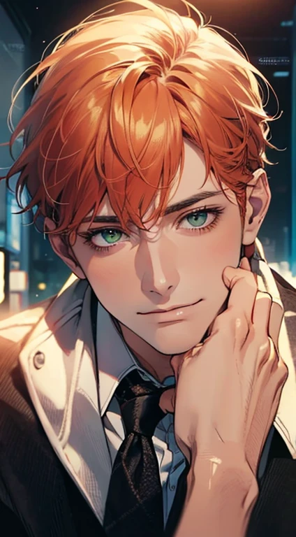 (Highest quality,4K,8K,High resolution,masterpiece:1.2),Super detailed,(Realistic,photoRealistic,photo-Realistic:1.37),1 person,34 years old,Mature Men,Beautiful skin、very handsome,Expressionless smile in love,Short orange hair,green eyes,Sharp Eyes,A perfect face without a doubt,Businessman, CEO, Office Background,Cinema Lighting,HDR image,tie、