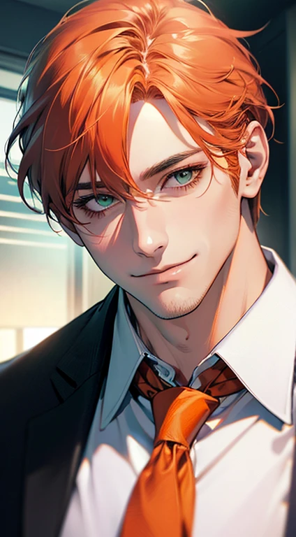 (Highest quality,4K,8K,High resolution,masterpiece:1.2),Super detailed,(Realistic,photoRealistic,photo-Realistic:1.37),1 person,34 years old,Mature Men,Beautiful skin、very handsome,Expressionless smile in love,Short orange hair,green eyes,Sharp Eyes,A perfect face without a doubt,Businessman, CEO, Office Background,Cinema Lighting,HDR image,tie、