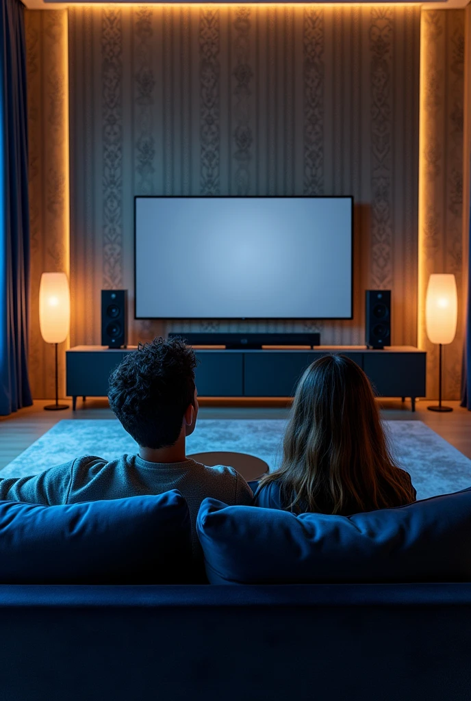 A living room with luxurious sofas and a large screen television, two people watching, TV stand with speakers and speaker system, black oled background, Personal room background, 8k vertical screen wallpaper, 8k vertical screen wallpaper, 4k vertical fabric wallpaper, 4k vertical fabric wallpaper, 8k high quality and resolution, background art, 4k – height 1920 – width 1080