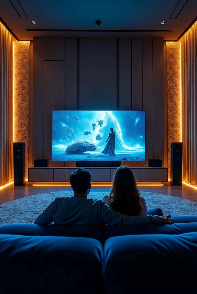 A living room with luxurious sofas and a large screen television, two people watching, TV stand with speakers and speaker system, black oled background, Personal room background, 8k vertical screen wallpaper, 8k vertical screen wallpaper, 4k vertical fabric wallpaper, 4k vertical fabric wallpaper, 8k high quality and resolution, background art, 4k – height 1920 – width 1080