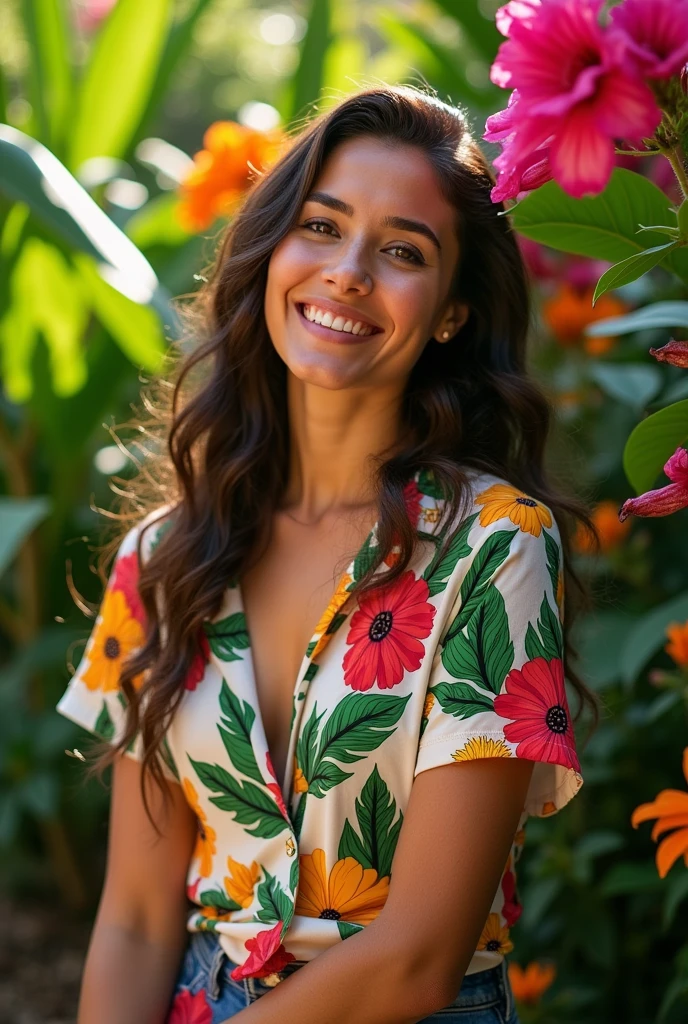 A Brazilian woman in a lush tropical garden, wearing an open shirt with a floral print, with a close-up capturing the harmonious beauty between her breasts and the natural flowers, showing off your natural charm and outgoing personality.