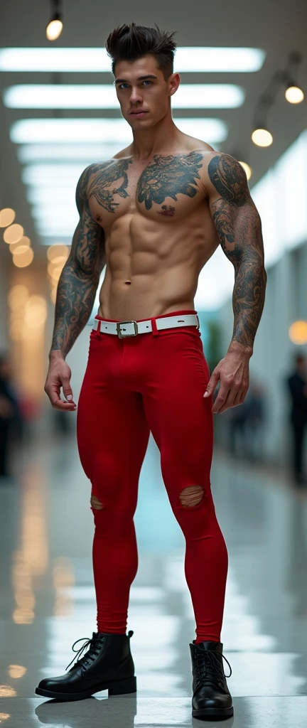 Fullbody standing picture of white skin Handsome muscular nude horny sexy gay man wearing skinny tight shiny red latex ripped tights, shiny black Disconnected Pompadour oiled hair style, blue eyes, shiny varnished white shoes, white belt, red lip, chain, tattoos, horny, cum shot, sperm, milking penis, very big penis, very big testicle, shiny oiled skin, orgasm, oversexed, masturbation, standing at white lighting show room.