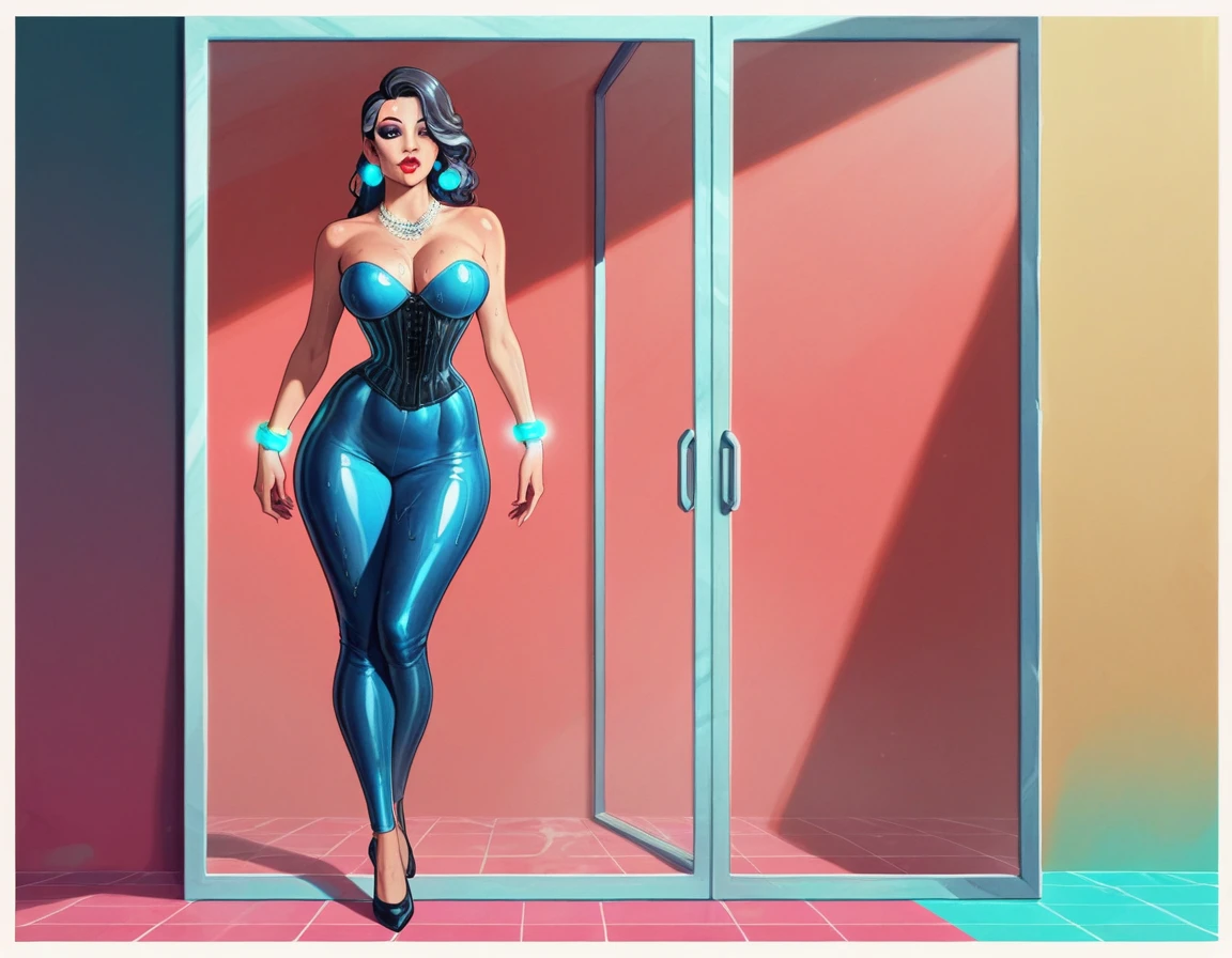 full body shot, glamour, vintage, 55yo 55 years old, older lady, looking sideways, intricate hair, gray eyeshadow, iridescent lipstick, meaty lips, glowing necklace, neon bracelets, reflections, glistening body, soaking wet skin, enormous mega wide hips, extremely narrow waist extremely thin waist extremely small waist, hyper flat trim midsection, her skin is covered in liquid gloss, fully transparent clear plastic corset clear transparent plastic corset cinched tight, the aesthetics themes is art deco cyberpunk, the setting is futuristic noir movie.